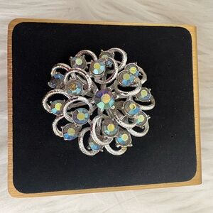Vintage Silver and Blue Aurora Borealis Crystal Brooch